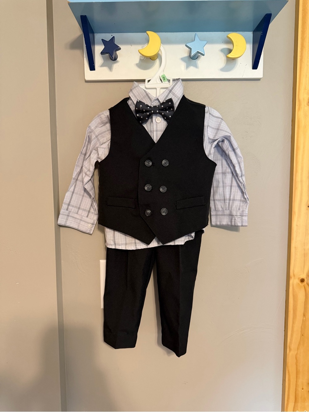 Boys Black Dress Vest & Pants Set with Blue Plaid Shirt and Bow Tie